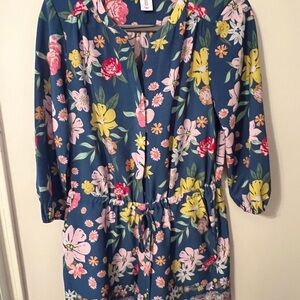 Floral Blue Romper with Pink and Yellow Accents